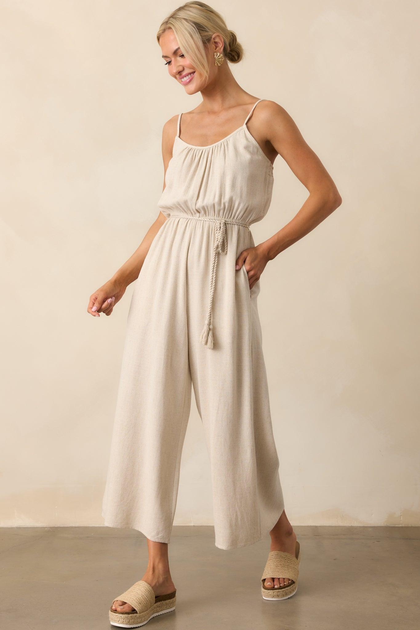 As Simple As That Natural Linen Blend Sleeveless Jumpsuit Product Image