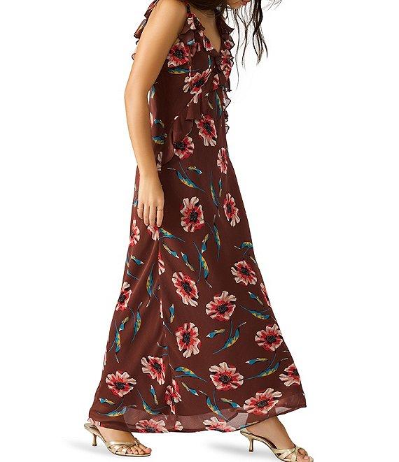 Steve Madden Adalina Floral Print Textured Chiffon V-Neck Ruffle Maxi Dress Product Image
