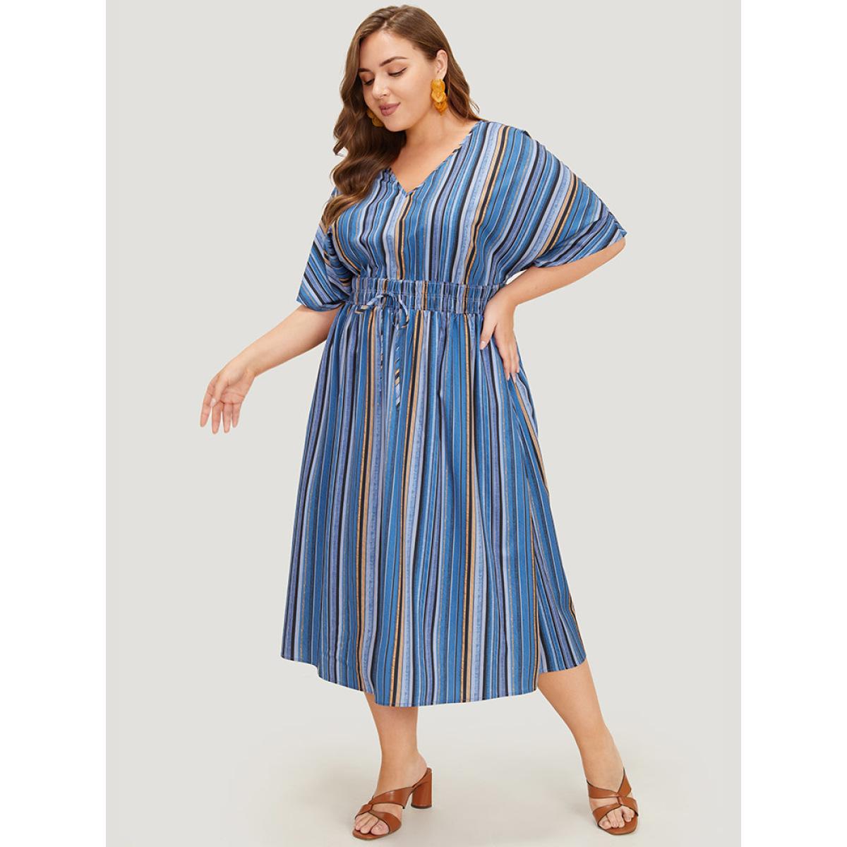 Plus Size Striped Contrast Pocket Knot Shirred Batwing Sleeve Dress Indigo Women Vacation Gathered V-neck Short sleeve Curvy Midi Dress BloomChic 22-24/3X Product Image