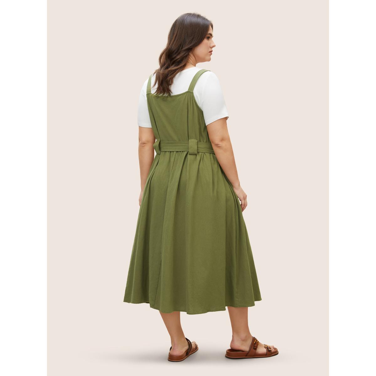 Plus Size Solid Patched Pocket Adjustable Straps Belted Dress ArmyGreen Women Casual Belted Non Sleeveless Curvy BloomChic 26/4X Product Image