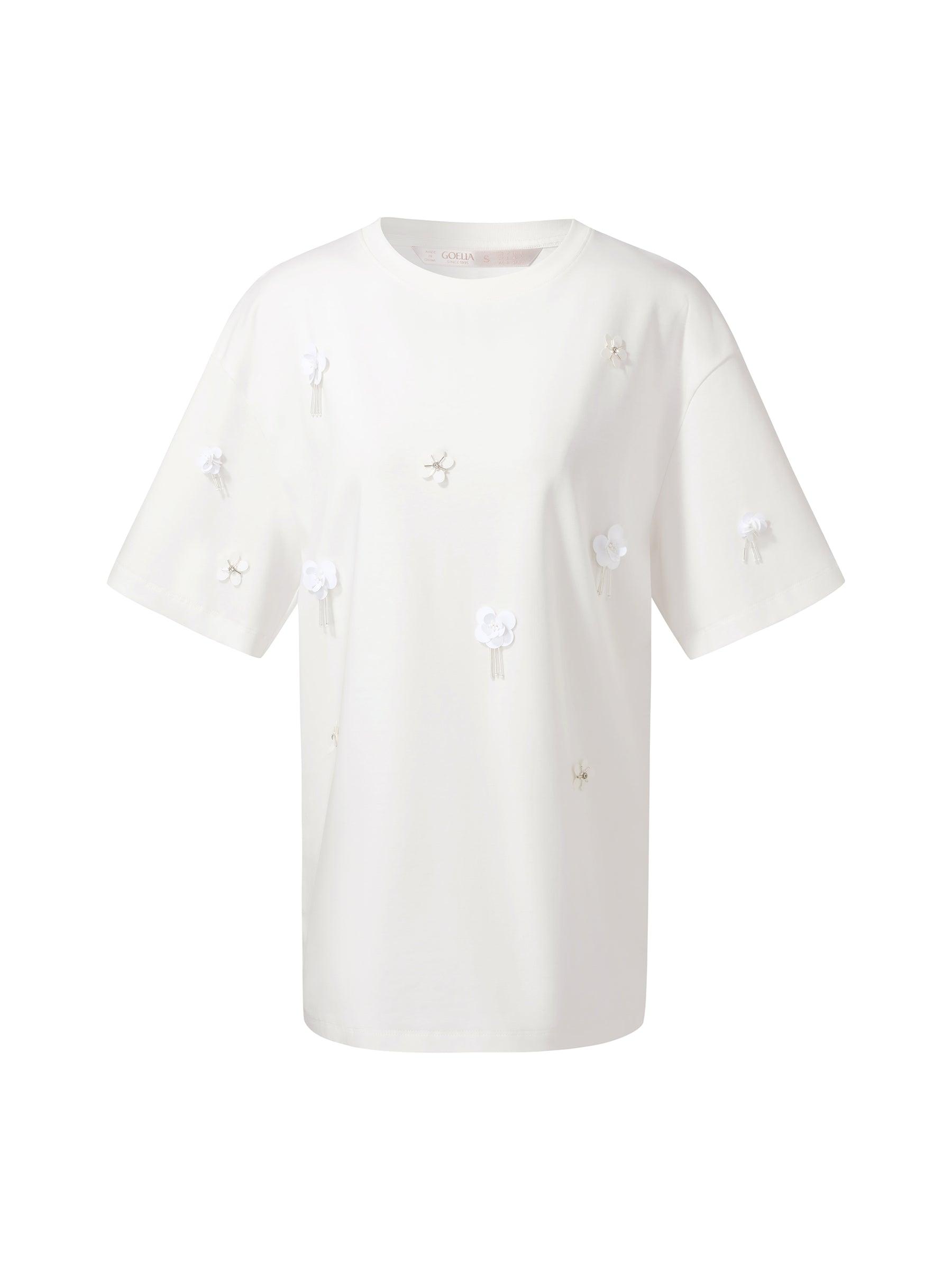 100% Cotton 3D Floral Beaded Women T-Shirt Product Image