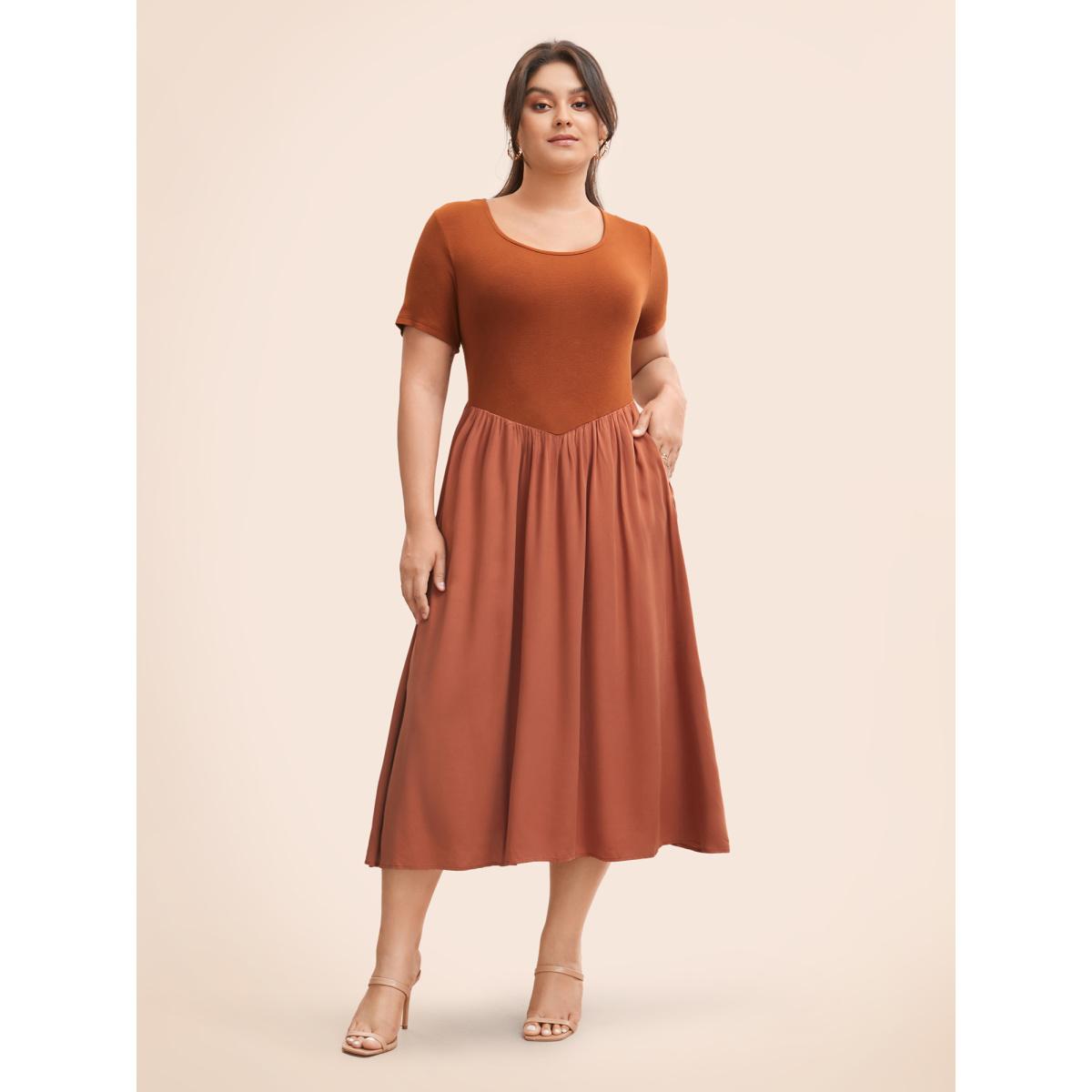 Plus Size U Neck Patchwork Midi Dress Maroon Women Elegant Patchwork U-neck Short sleeve Curvy BloomChic 18-20/2X Product Image