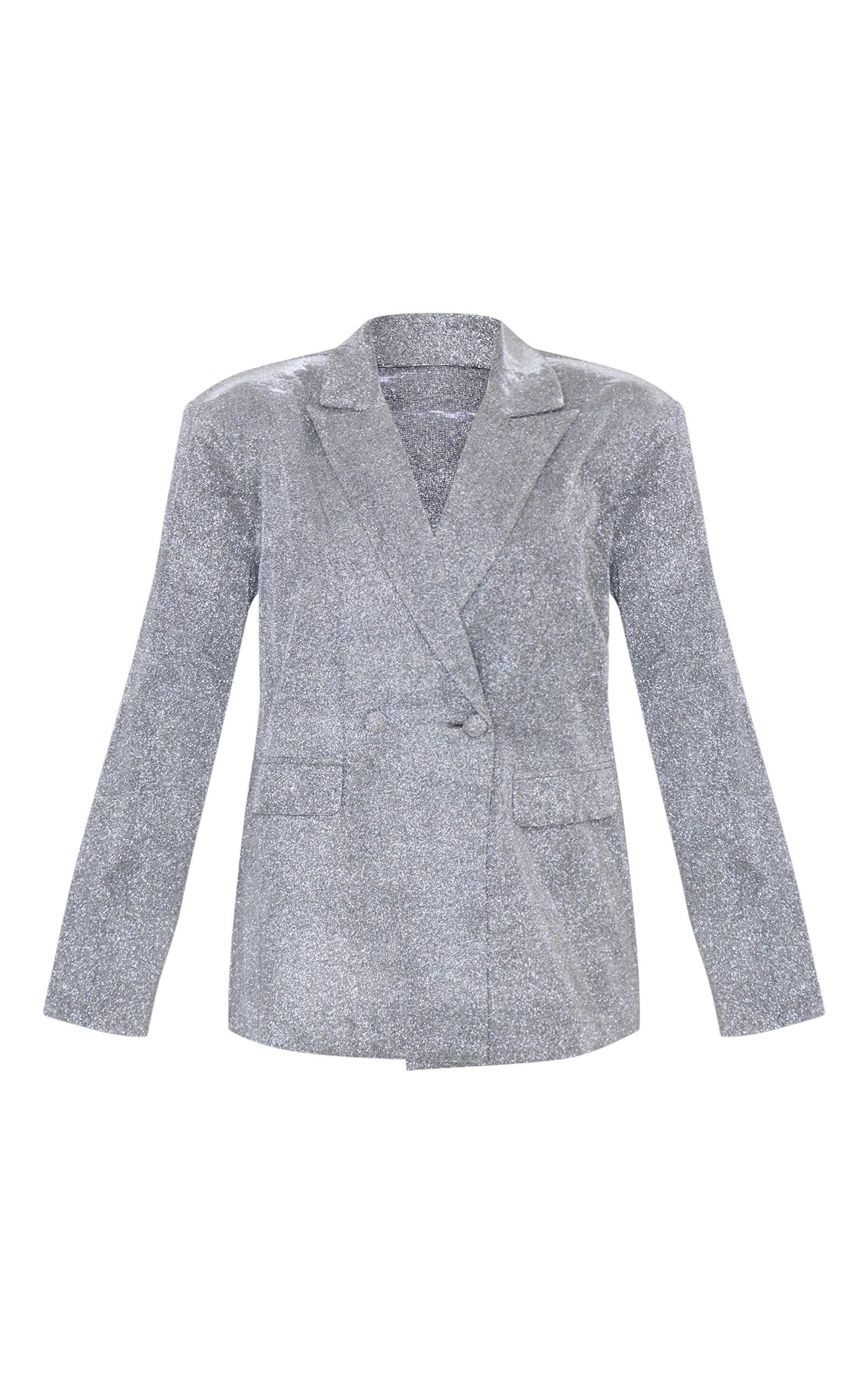 Silver Glitter Oversized Curved Hem Boxy Blazer Product Image
