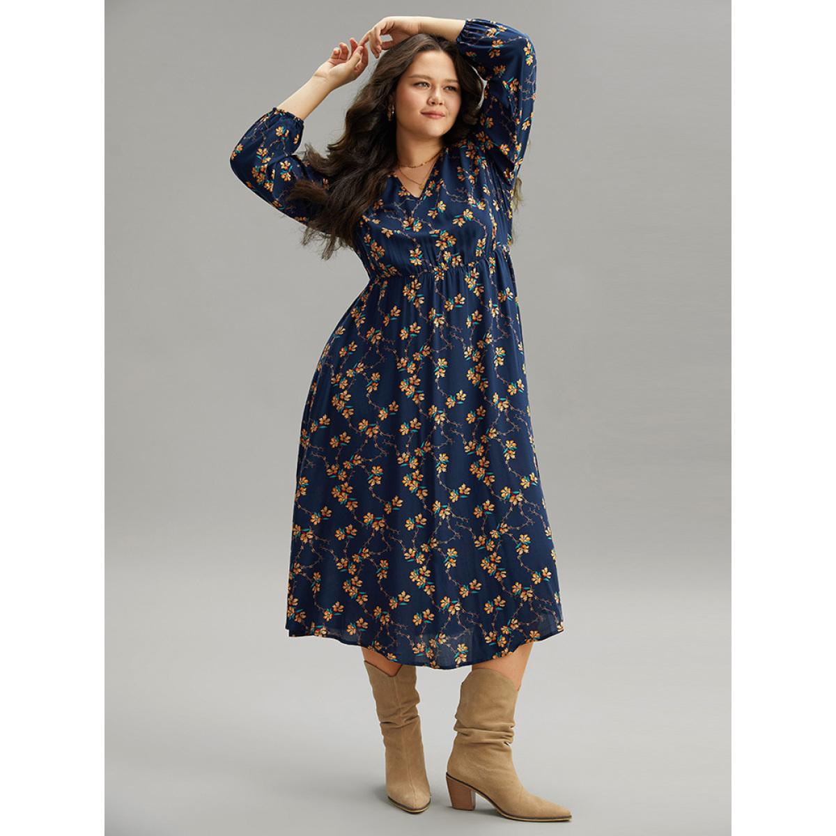 Plus Size Floral Print Elastic Waist Lantern Sleeve Dress DarkBlue Women Elegant Elastic cuffs V-neck Long Sleeve Curvy Midi Dress BloomChic 26/4X Product Image
