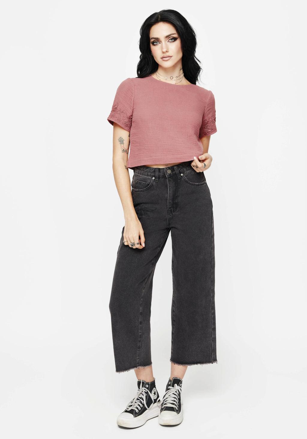 Rosamoth Applique Trim Cotton Short Sleeve Top Product Image