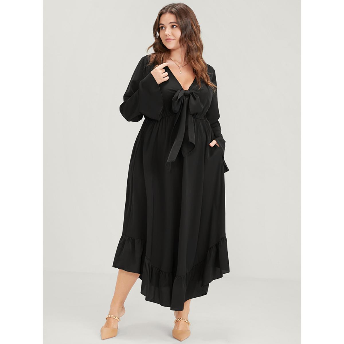 Plus Size Solid Bell Sleeve Pocket Knotted Neck Arc Hem Dress Black Women Elegant Cross straps V-neck Long Sleeve Curvy Long Dress BloomChic 26/4X Product Image