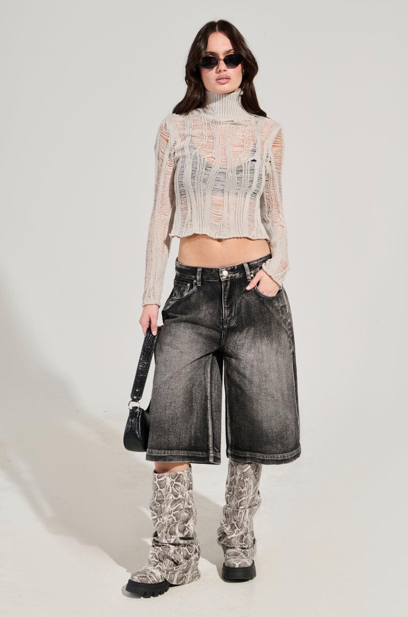 SEXY LOOSE WEAVE HIGH NECK SWEATER IN GREY Product Image