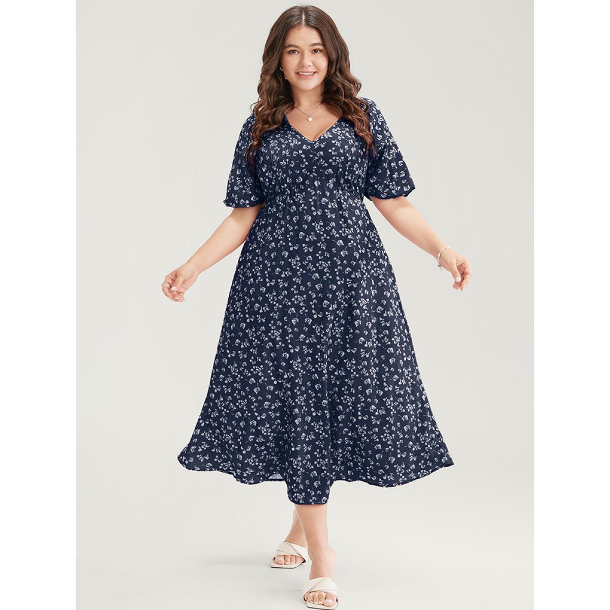 Plus Size Ditsy Floral Pleated Pocket Raglan Sleeve Ruffle Dress Navy Women Elegant Pocket V-neck Short sleeve Curvy Midi Dress BloomChic 22-24/3X Product Image