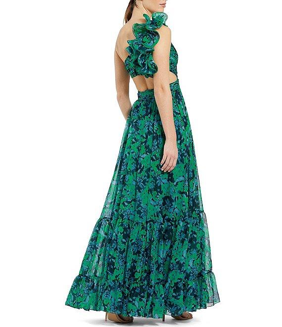 Mac Duggal Floral Print One Shoulder Tiered Ruffled Cut-Out Gown Product Image