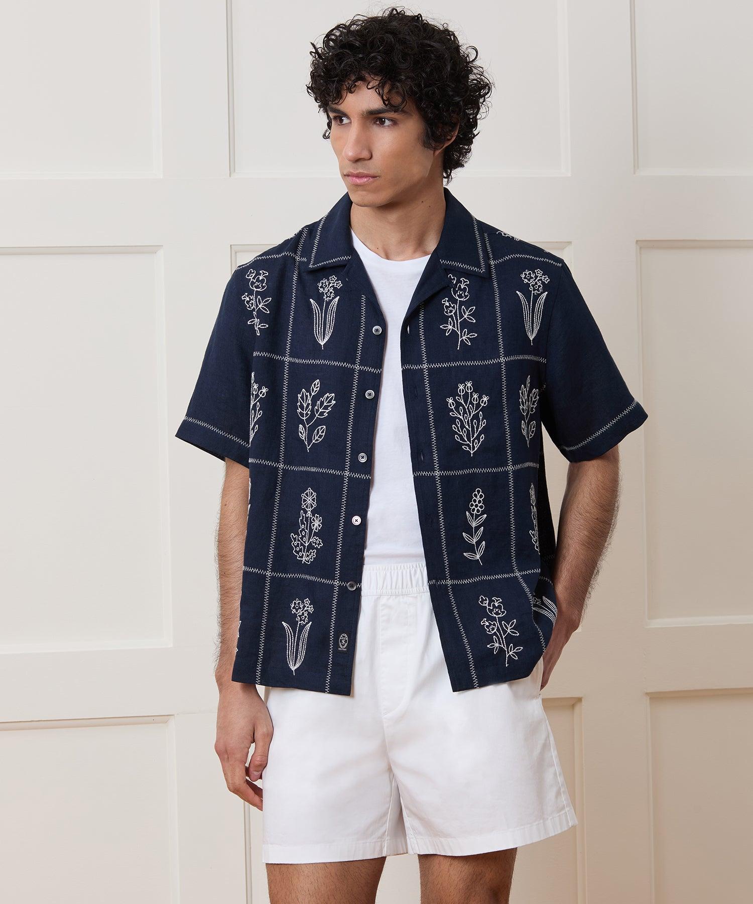 Cropped Embroidered Linen Camp Collar Shirt Product Image