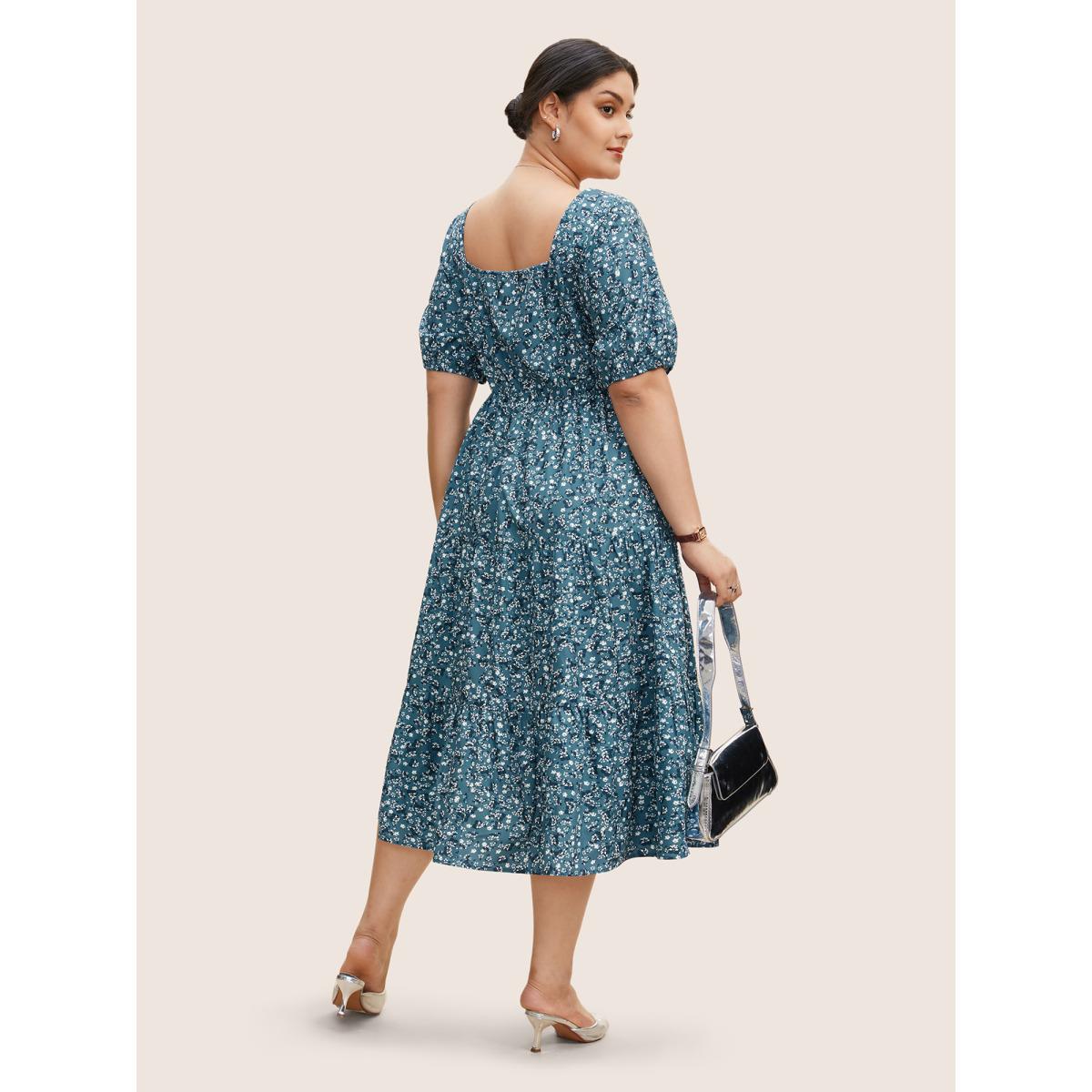 Plus Size Ditsy Floral Ruffle Tiered Pocket Ruched Puff Sleeve Drawstring Dress Cerulean Women Elegant Non Square Neck Short sleeve Curvy BloomChic 12/L Product Image