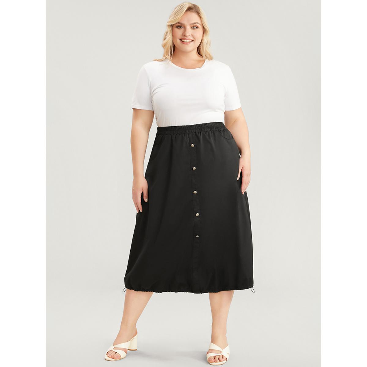 Plus Size Solid Pocket Button Detail Drawstring Hem Skirt Women Black Elegant Drawstring No stretch Pocket Dailywear Skirts BloomChic 14-16/1X Product Image