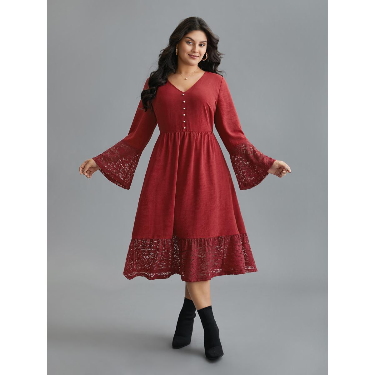 Plus Size Lace Tiered Skirt Elastic Waist V-Neck Dress Burgundy Women Elegant Woven ribbon&lace trim V-neck Long Sleeve Curvy BloomChic 26/4X Product Image
