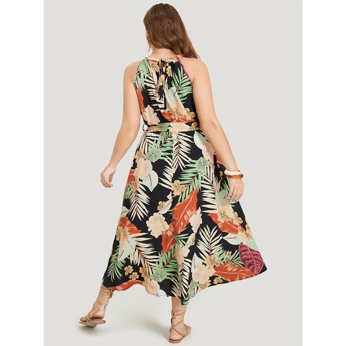 Plus Size Tropical Print Ruffle Hem Pocket Belt Knotted Halter Dress Black Women Vacation Cross straps Halter neck Sleeveless Curvy Midi Dress BloomChic 30/6X Product Image
