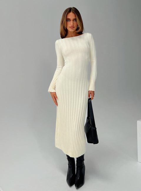 Ryo Long Sleeve Rib Maxi Dress Cream Product Image