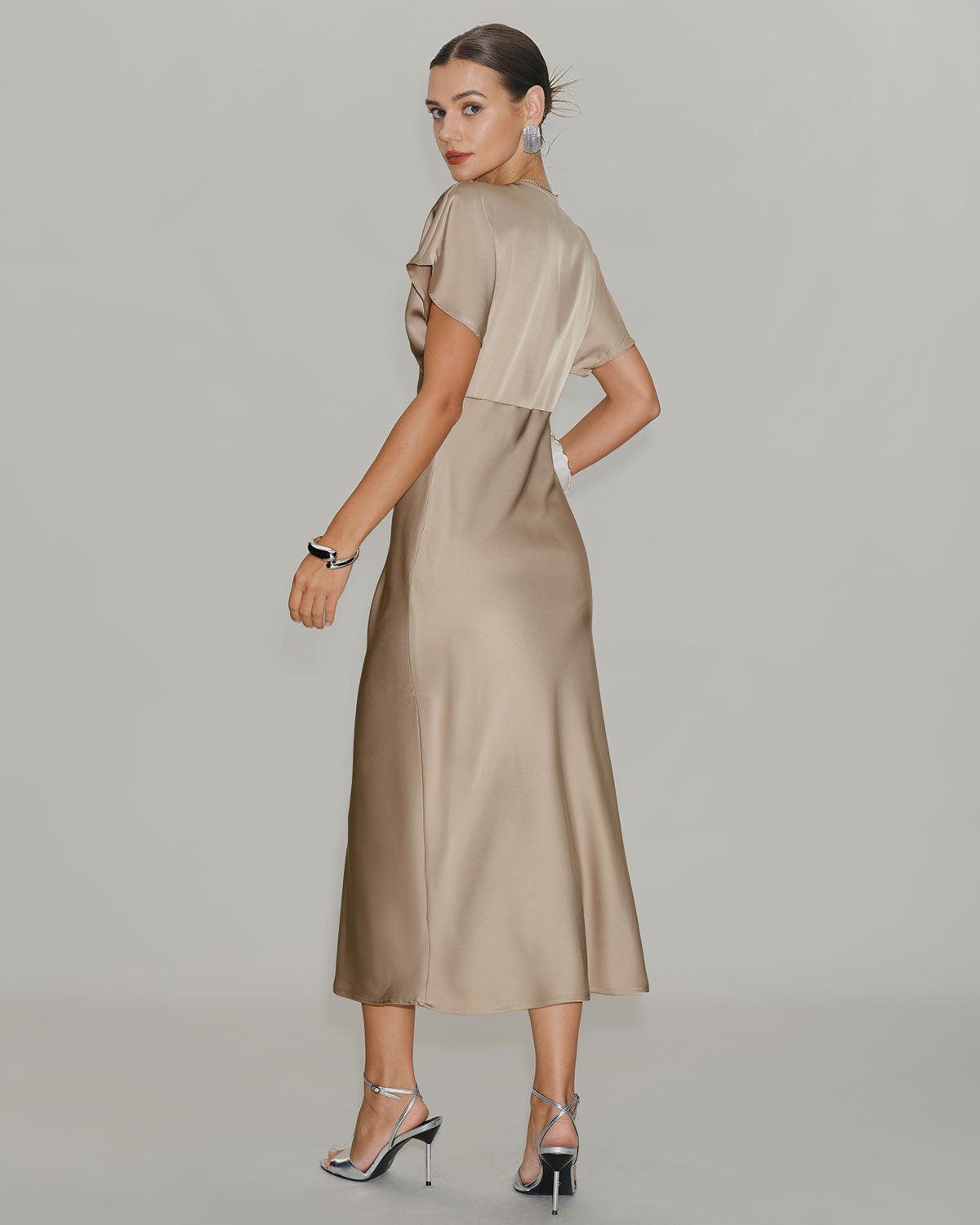 Apricot V Neck A-Line Satin Midi Dress Product Image