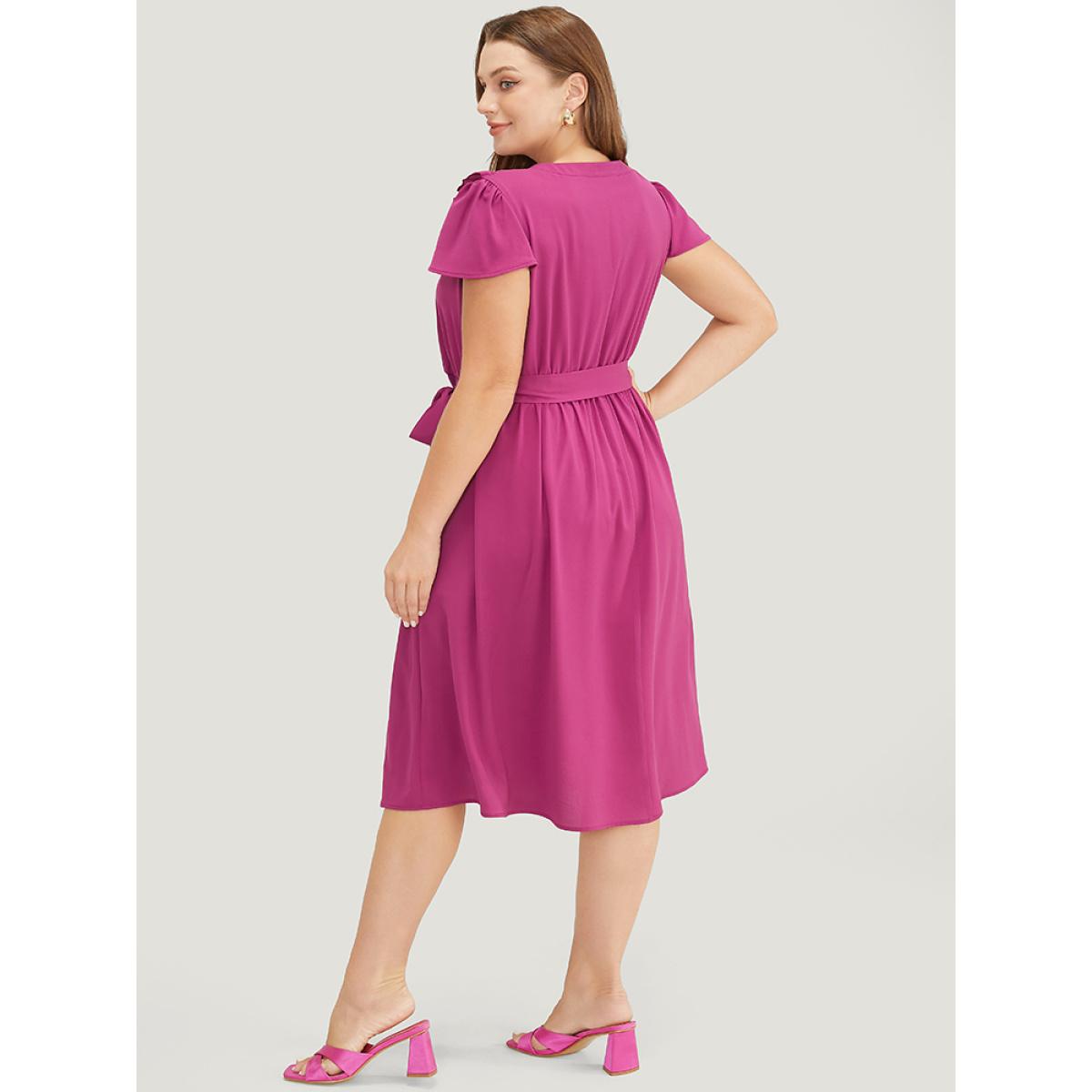 Plus Size Plain Notched Shirred Frill Trim Pocket Belted Dress RedViolet Women Office Gathered Notched collar Short sleeve Curvy Midi Dress BloomChic 12/L Product Image