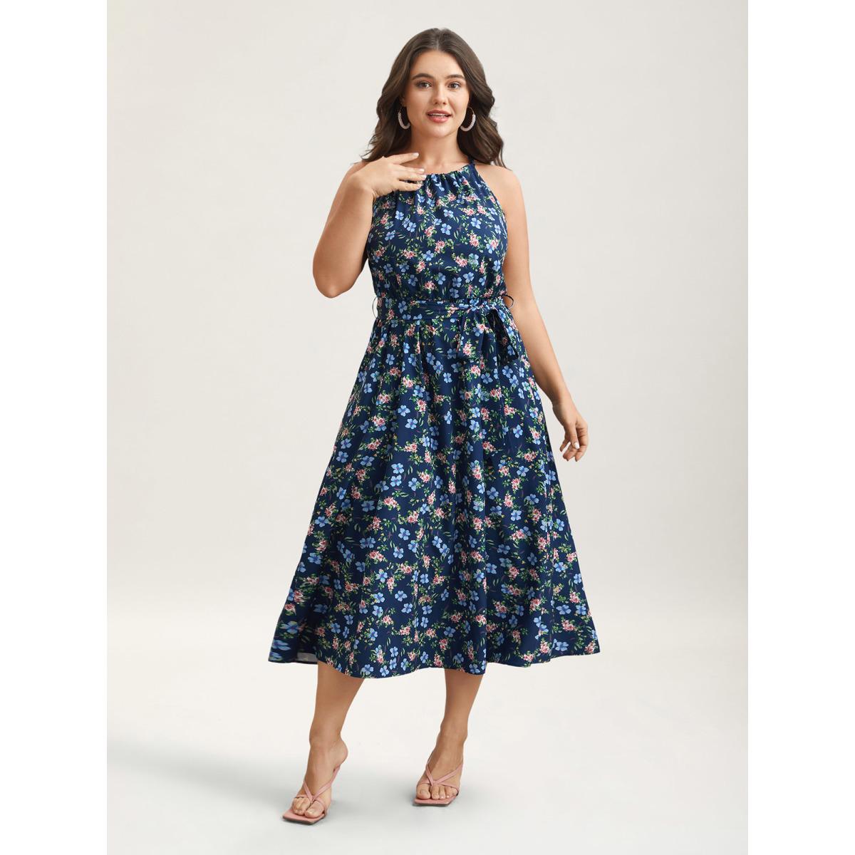 Plus Size Floral Print Belted Stretchy Waist Midi Dress Navy Women Timeless Gathered Halter neck Sleeveless Curvy BloomChic 26/4X Product Image