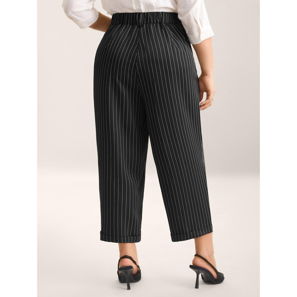 Plus Size Stripes Print Pockets Straight-Fit Pants Women Black Office Straight Leg Mid Rise Office Pants BloomChic 30/6X Product Image