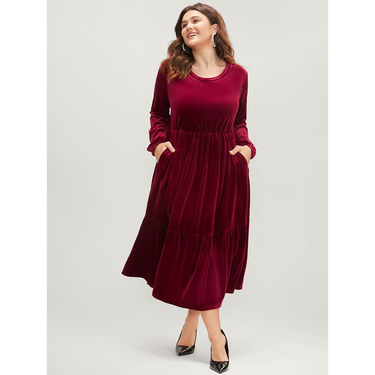 Plus Size Solid Pocket Lantern Sleeve Velvet Flutter Dress Burgundy Women Party Plain Round Neck Long Sleeve Curvy Long Dress BloomChic 12/L Product Image