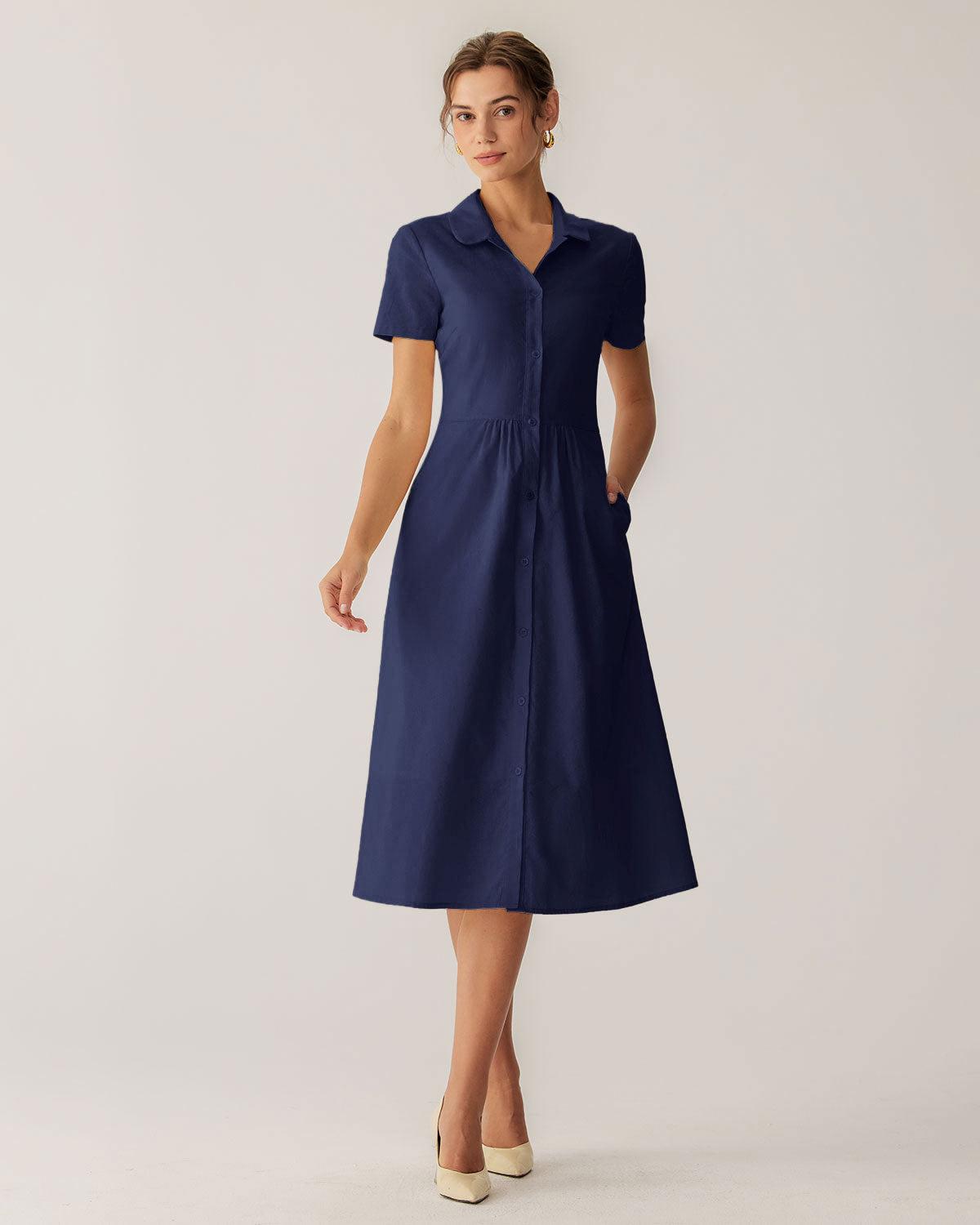 Navy Pocket Short Sleeve Midi Dress Product Image
