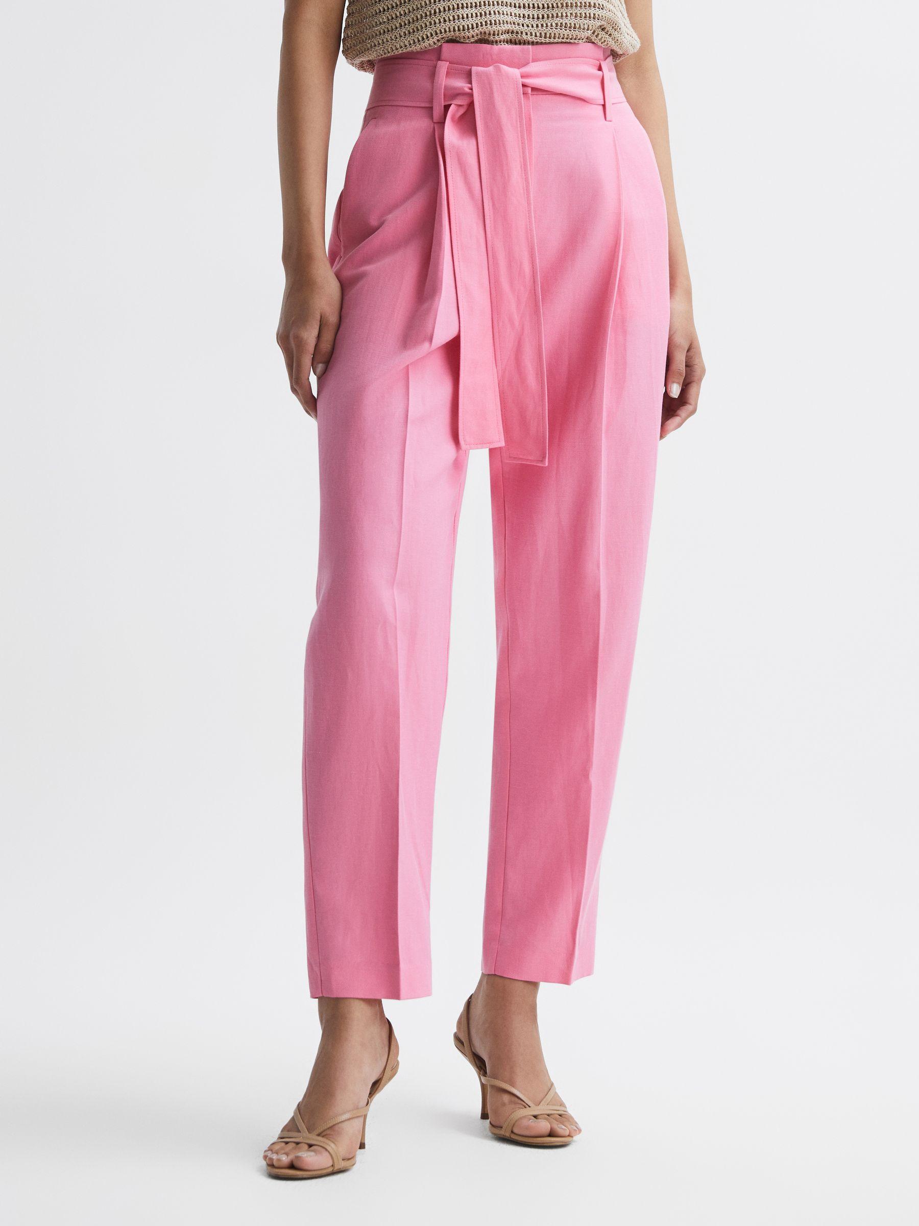 High Rise Belted Tapered Trousers in Pink Product Image