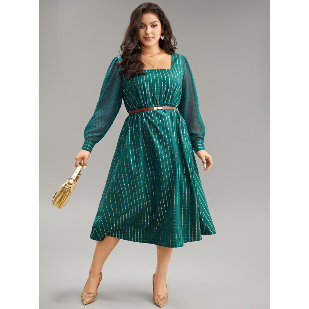 Plus Size Glitter Striped Patchwork Mesh Square Neck Dress Cyan Women Party See through Square Neck Long Sleeve Curvy Midi Dress BloomChic 28/5X Product Image