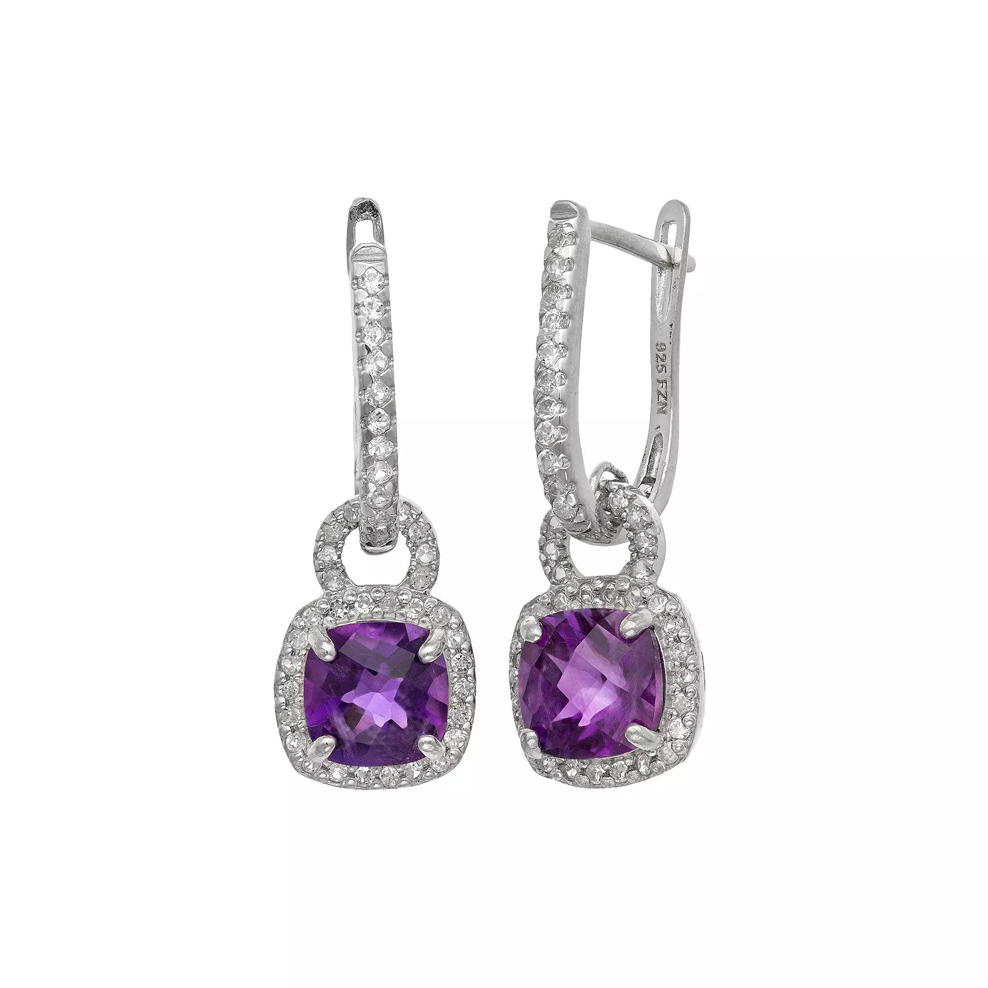 Sterling Silver Amethyst and Lab-Created White Sapphire Square Halo Drop Earrings, Women's, Multi Product Image