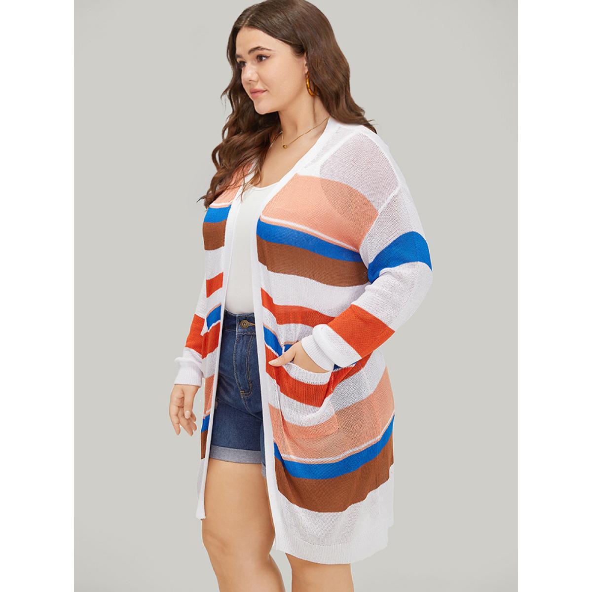 Plus Size Colorblock Contrast Pocket Tunic Open Front Cardigan Multicolor Women Casual Loose Long Sleeve Dailywear Cardigans BloomChic 18-20/2X Product Image