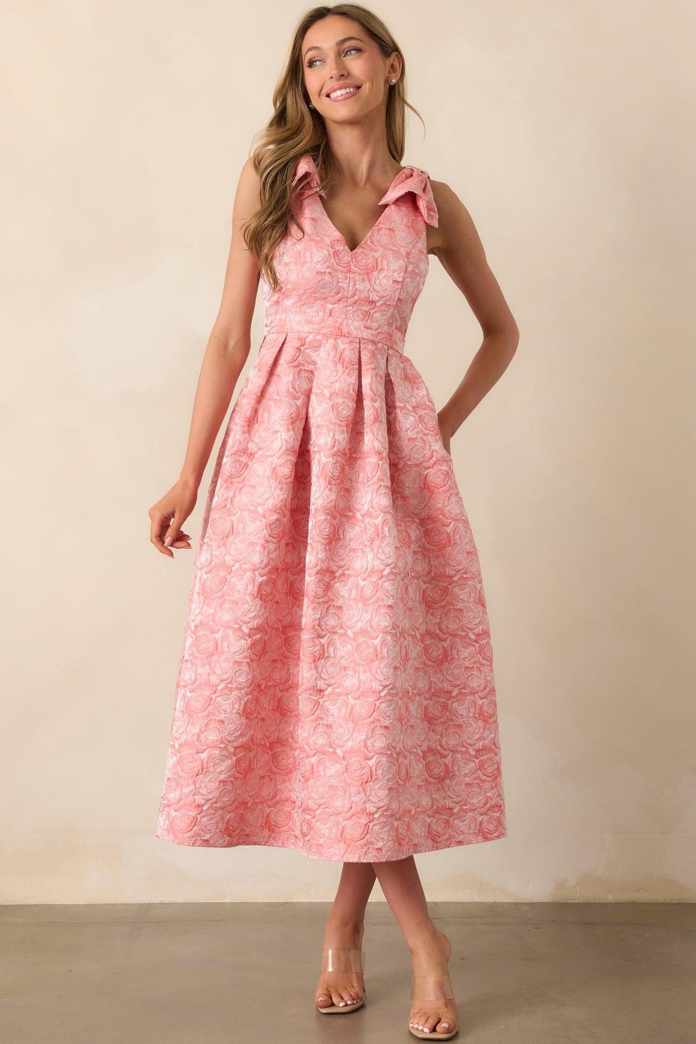 Margaret Pink Coral Floral Jacquard Midi Dress Product Image