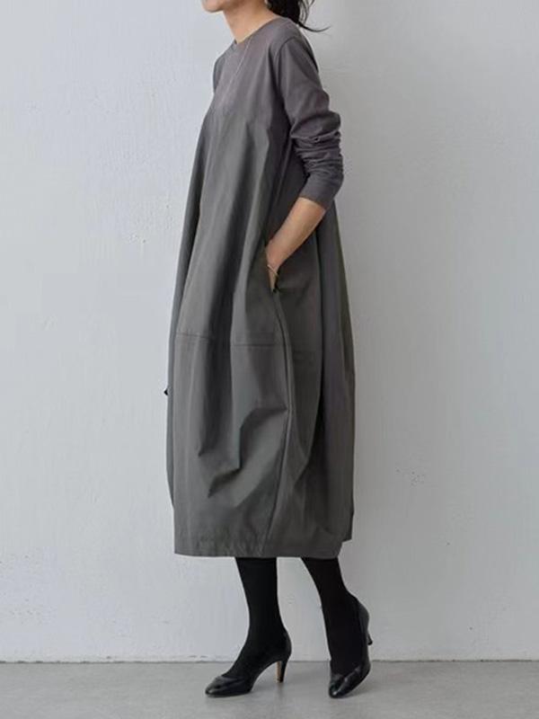 Long Sleeves Loose Split-Joint Round-Neck Midi Dresses Product Image