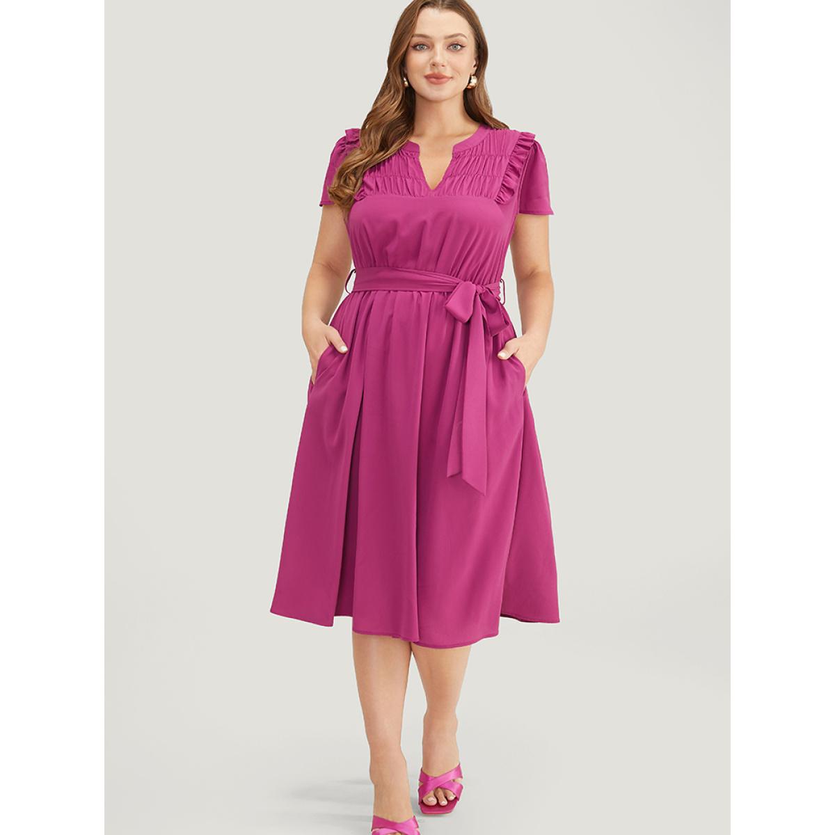 Plus Size Plain Notched Shirred Frill Trim Pocket Belted Dress RedViolet Women Office Gathered Notched collar Short sleeve Curvy Midi Dress BloomChic 12/L Product Image