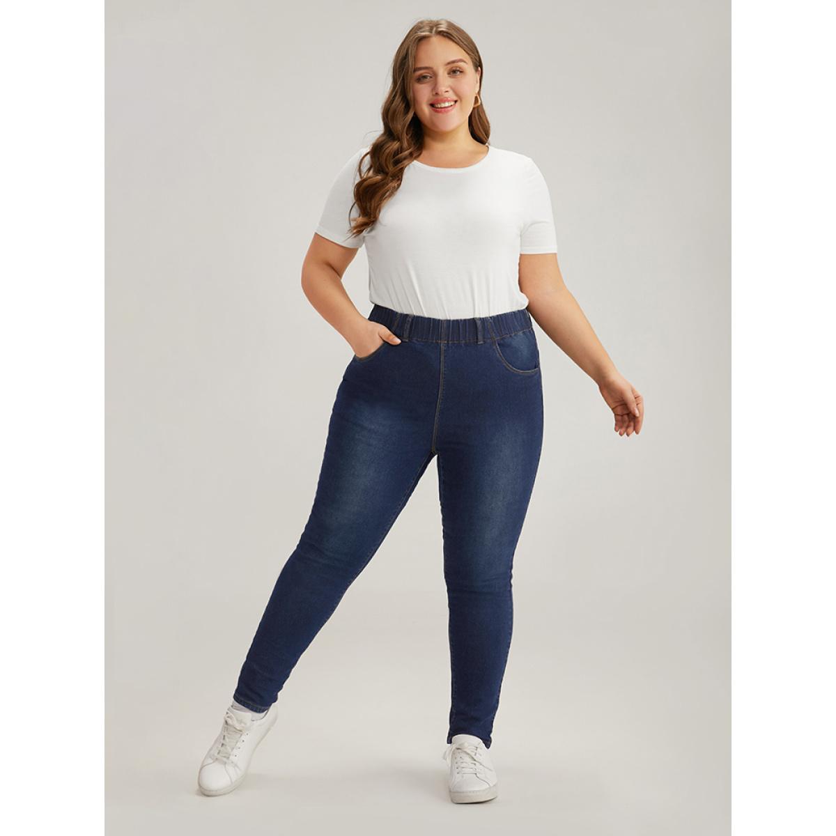 Plus Size Elastic Waist High Rise Skinny Jeans Women DarkBlue Casual Plain Non High stretch Slanted pocket Jeans BloomChic 28/5X Product Image