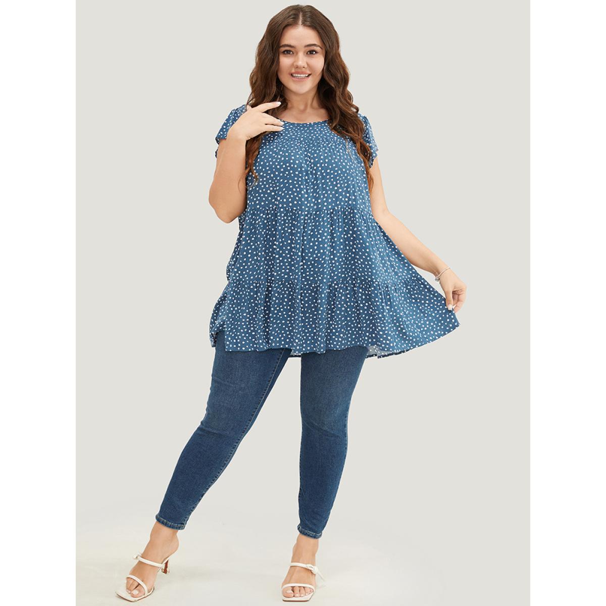 Plus Size Stone Allover Print Cap Sleeve Ruffle Hem Gathered Blouse Women Casual Cap Sleeve Round Neck Everyday Blouses BloomChic 18-20/2X Product Image