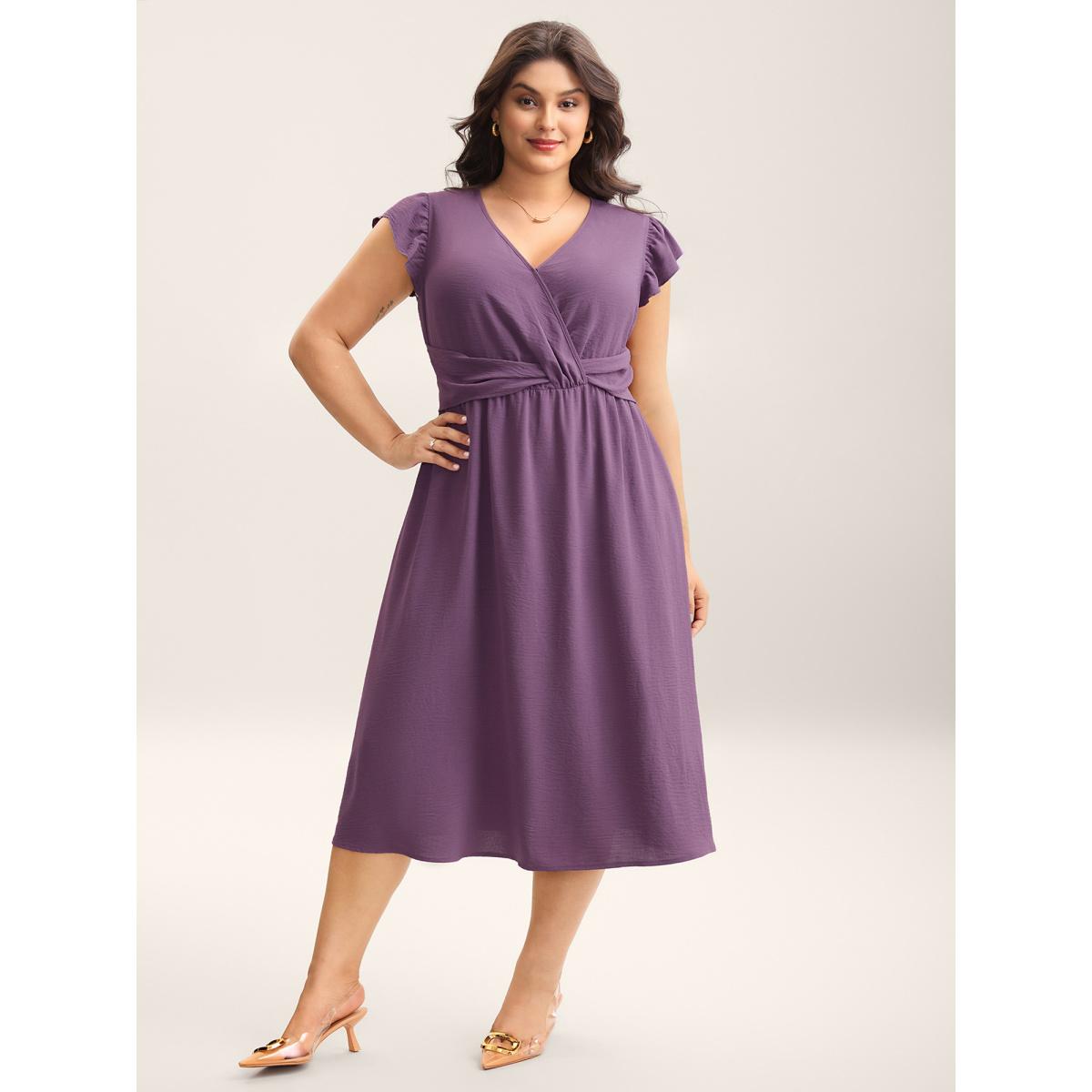 Plus Size Solid Surplice Neck Pockets Midi Dress Mauve Women At the Office Twist Overlap Collar Cap Sleeve Curvy BloomChic 14-16/1X Product Image