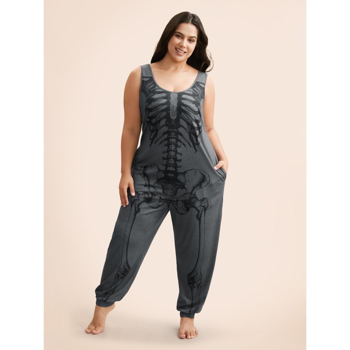 Plus Size Mediumgray Skeleton Printed Off-Sleeves Jumpsuit Women Cocktail Sleeveless U-neck Party Loose Jumpsuits BloomChic 12/L Product Image