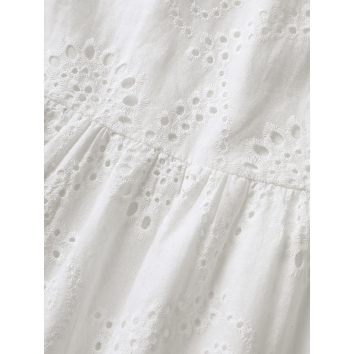 Plus Size Mock Neck Broderie Anglaise Ruffle Trim Dress White Women Resort Patchwork Round Neck Cap Sleeve Curvy Midi Dress BloomChic 10/M Product Image