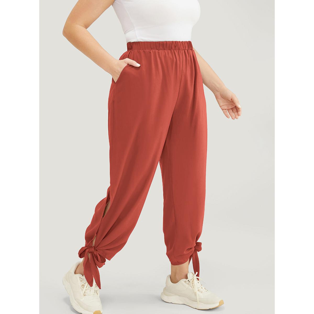 Plus Size Solid Knotted Split Hem Pocket Pants Women Rust Casual Loose High Rise Dailywear Pants BloomChic 14-16/1X Product Image