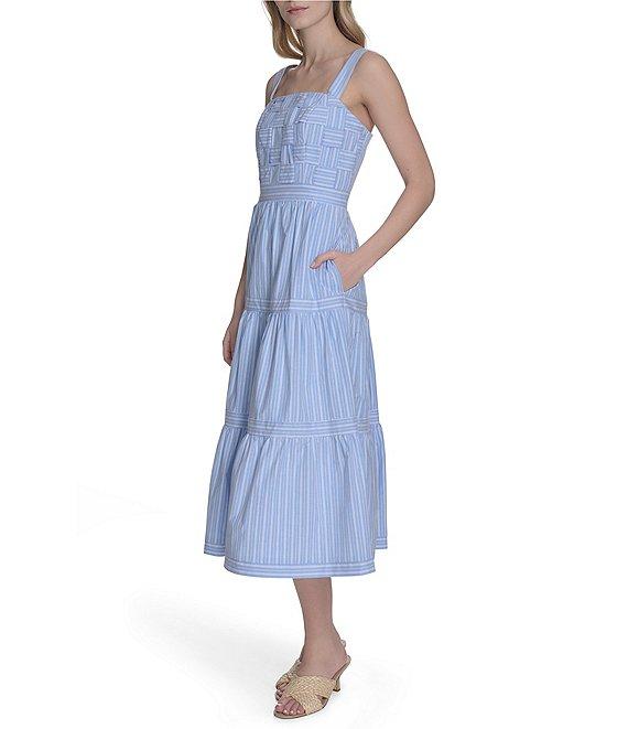 Eliza J Basketweave Cotton Stripe Print Square Neck Sleeveless A-Line Midi Dress Product Image