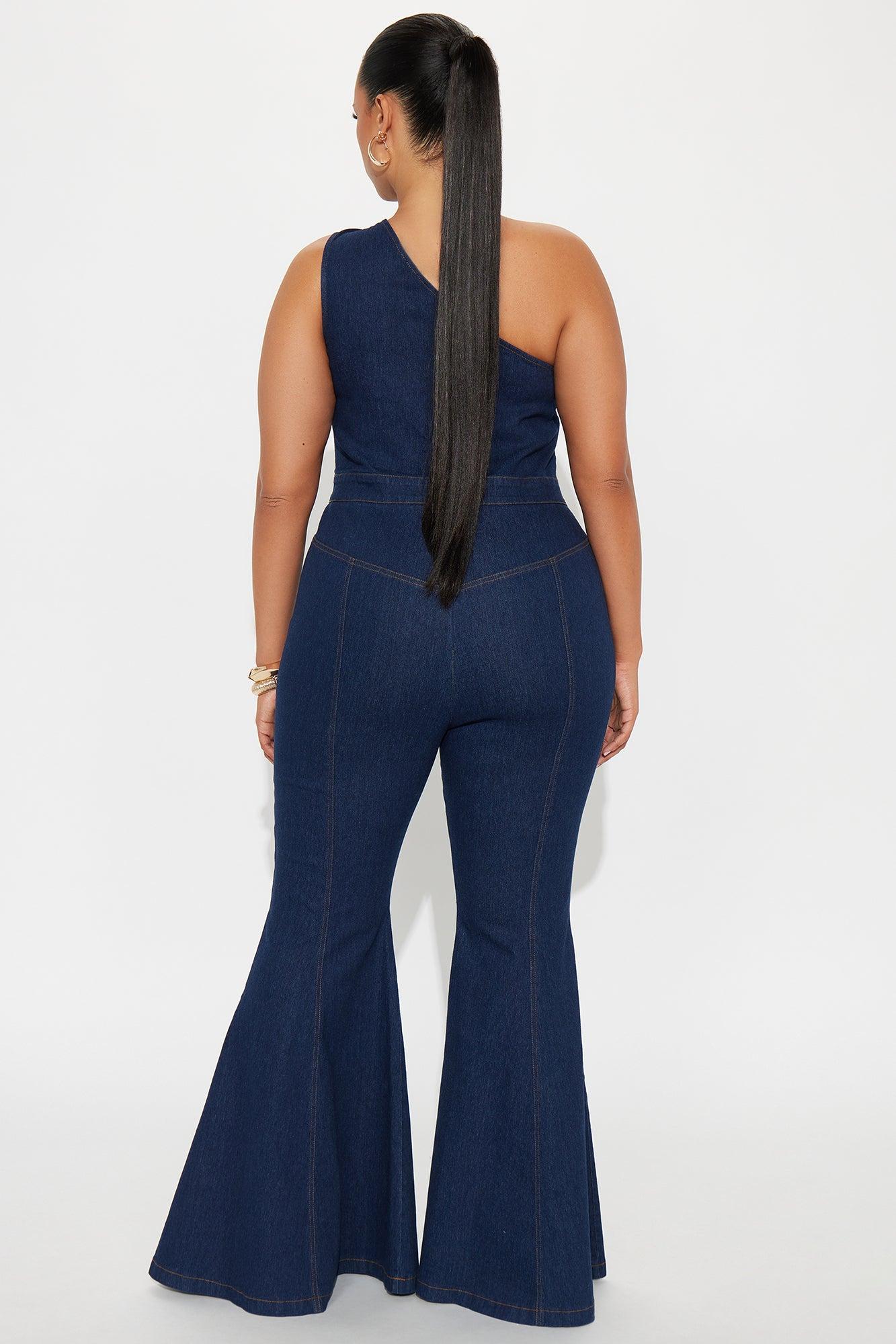 Follow My Lead Denim Flare Jumpsuit - Dark Wash Female Product Image