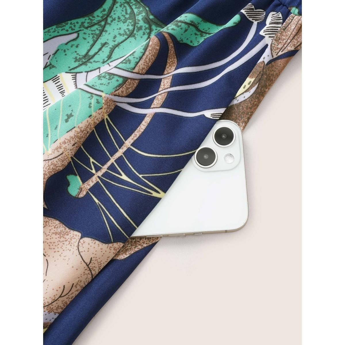 Plus Size Floral Print Flutter Sleeve Belted Midi Dress DarkBlue Women Elegant Non V-neck Cap Sleeve Curvy Midi Dress BloomChic 26/4X Product Image