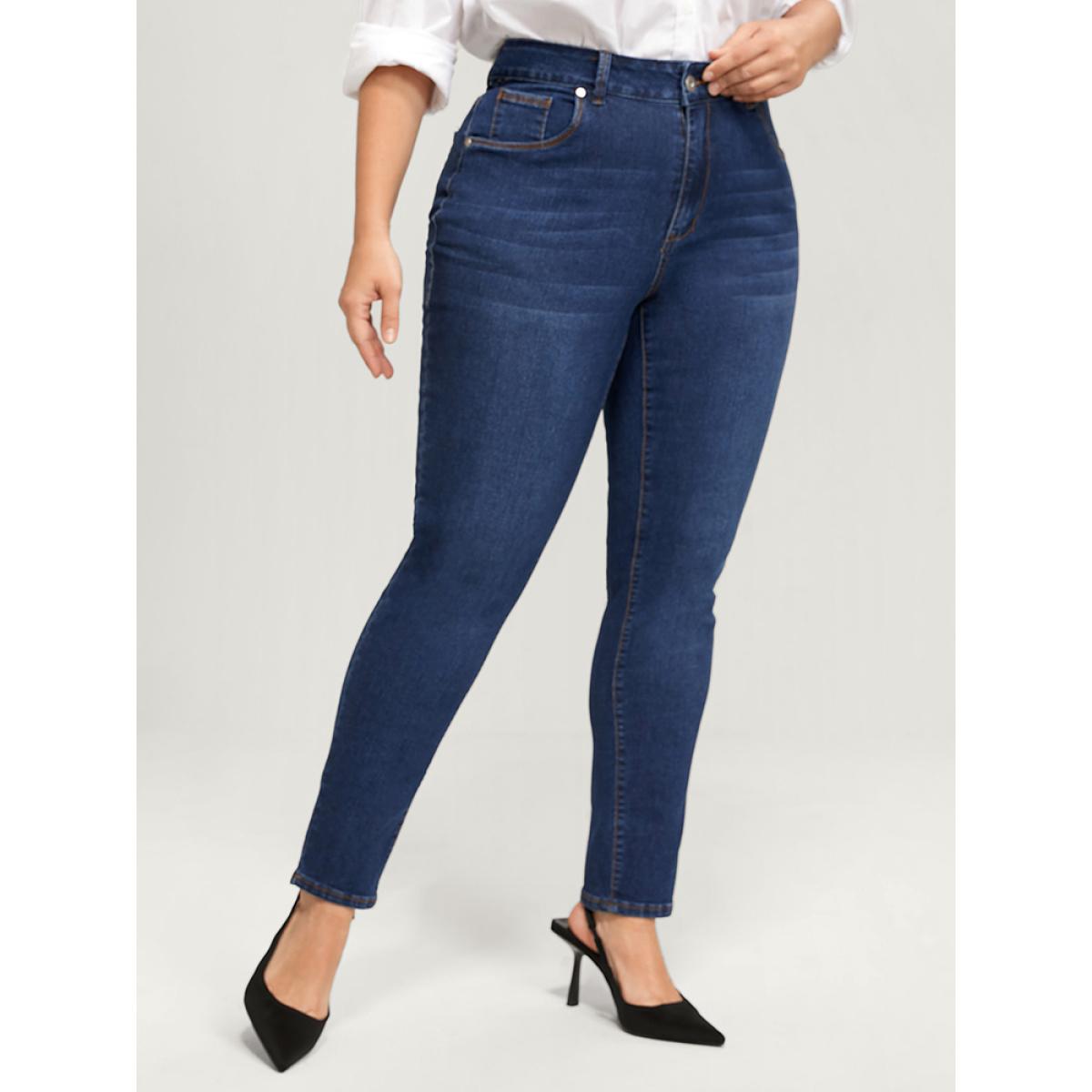 Plus Size Straight Very Stretchy High Rise Dark Wash Jeans Women DarkBlue Casual Plain Plain High stretch Pocket Jeans BloomChic 12/L Product Image