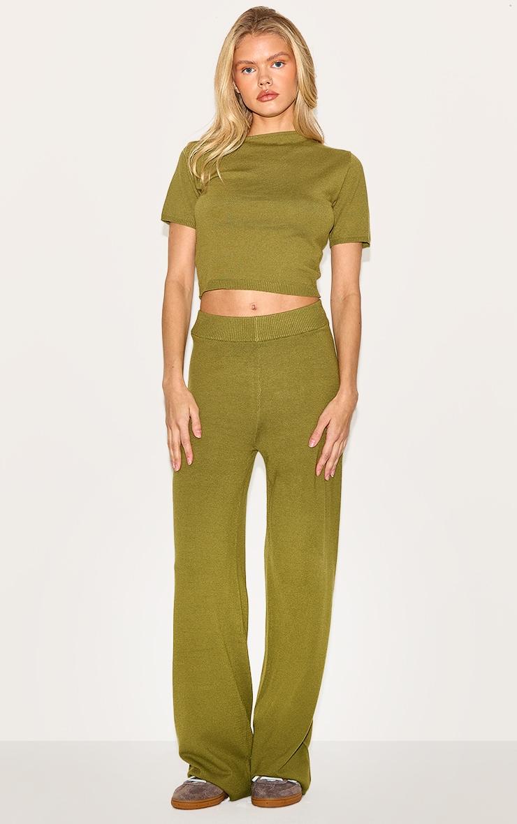 Olive Basic Knit Wide Leg Pants Product Image