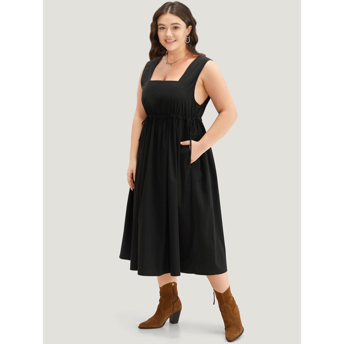Plus Size Solid Pocket Drawstring Gathered Sleeveless Dress Black Women Casual Plain Spaghetti Strap Sleeveless Curvy Midi Dress BloomChic 22-24/3X Product Image