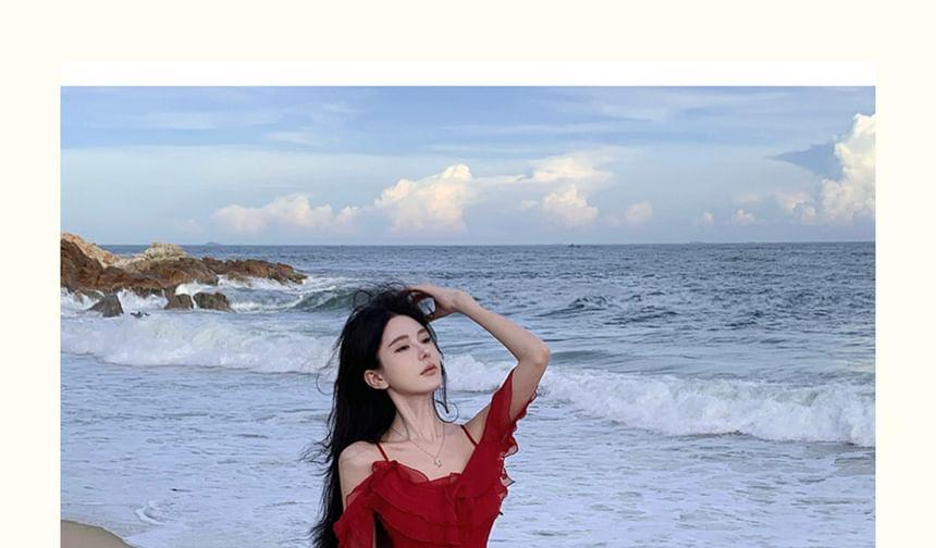 Sleeveless Scoop Neck Plain Ruffle Trim Slit Maxi Sheath Dress Product Image