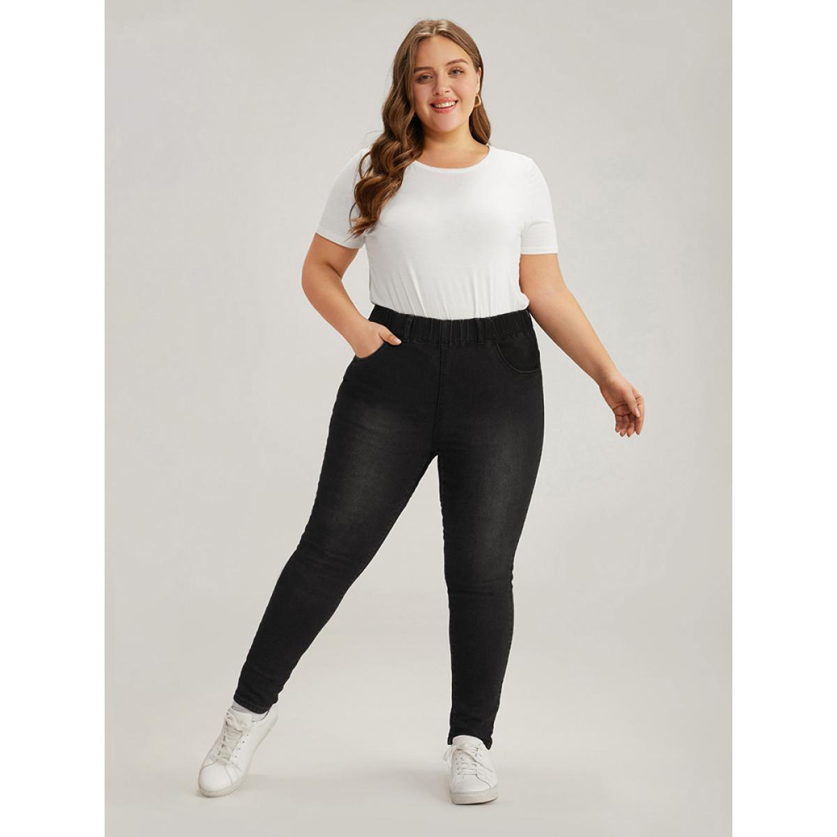 Plus Size Elastic Waist High Rise Skinny Jeans Women DarkBlue Casual Plain Non High stretch Slanted pocket Jeans BloomChic 28/5X Product Image