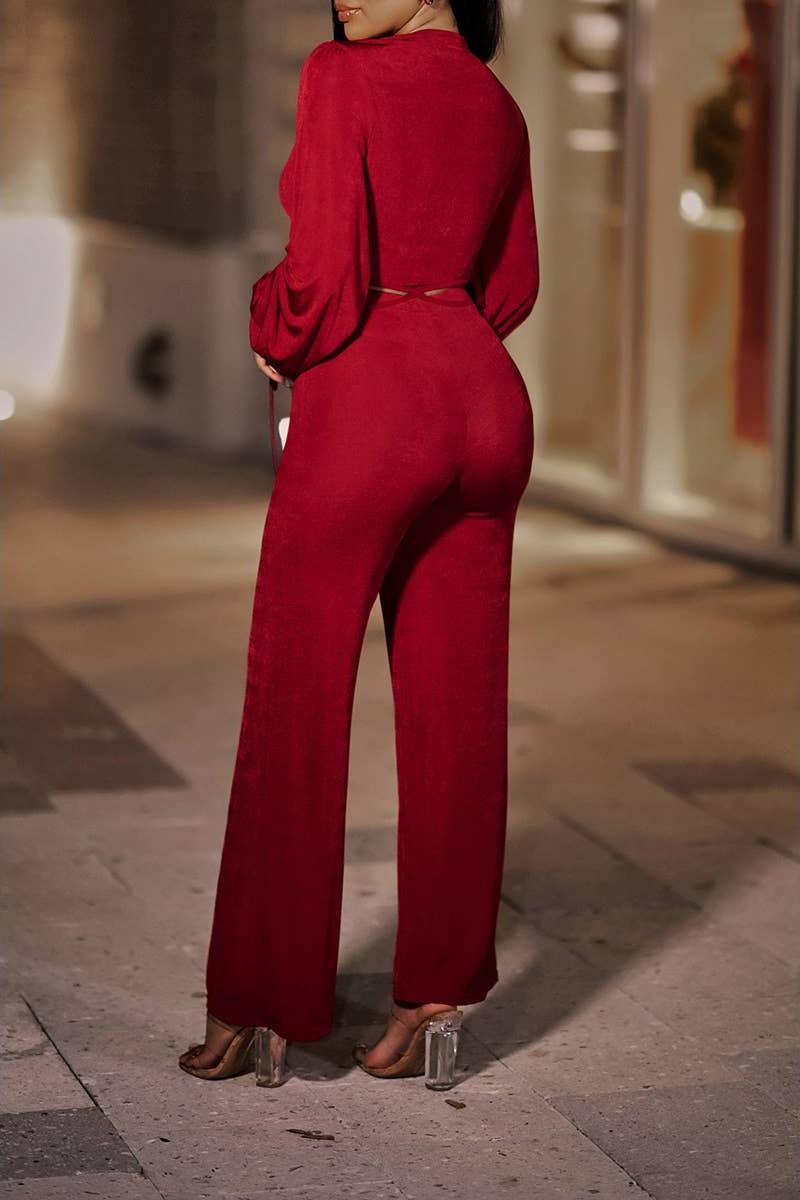 Solid V Neck Cross Crop Top and Pants Set Product Image