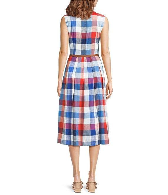 Jude Connally Pauline Montauk Plaid Crew Neck Sleeveless Belted Midi Dress Product Image