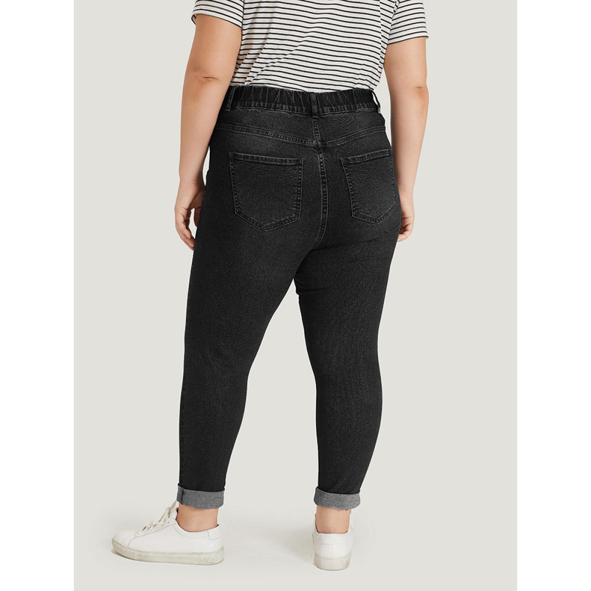 Plus Size Plain Elastic Waist Medium Wash Roll Hem Jeans Women Black Casual Plain Plain High stretch Pocket Jeans BloomChic 26/4X Product Image