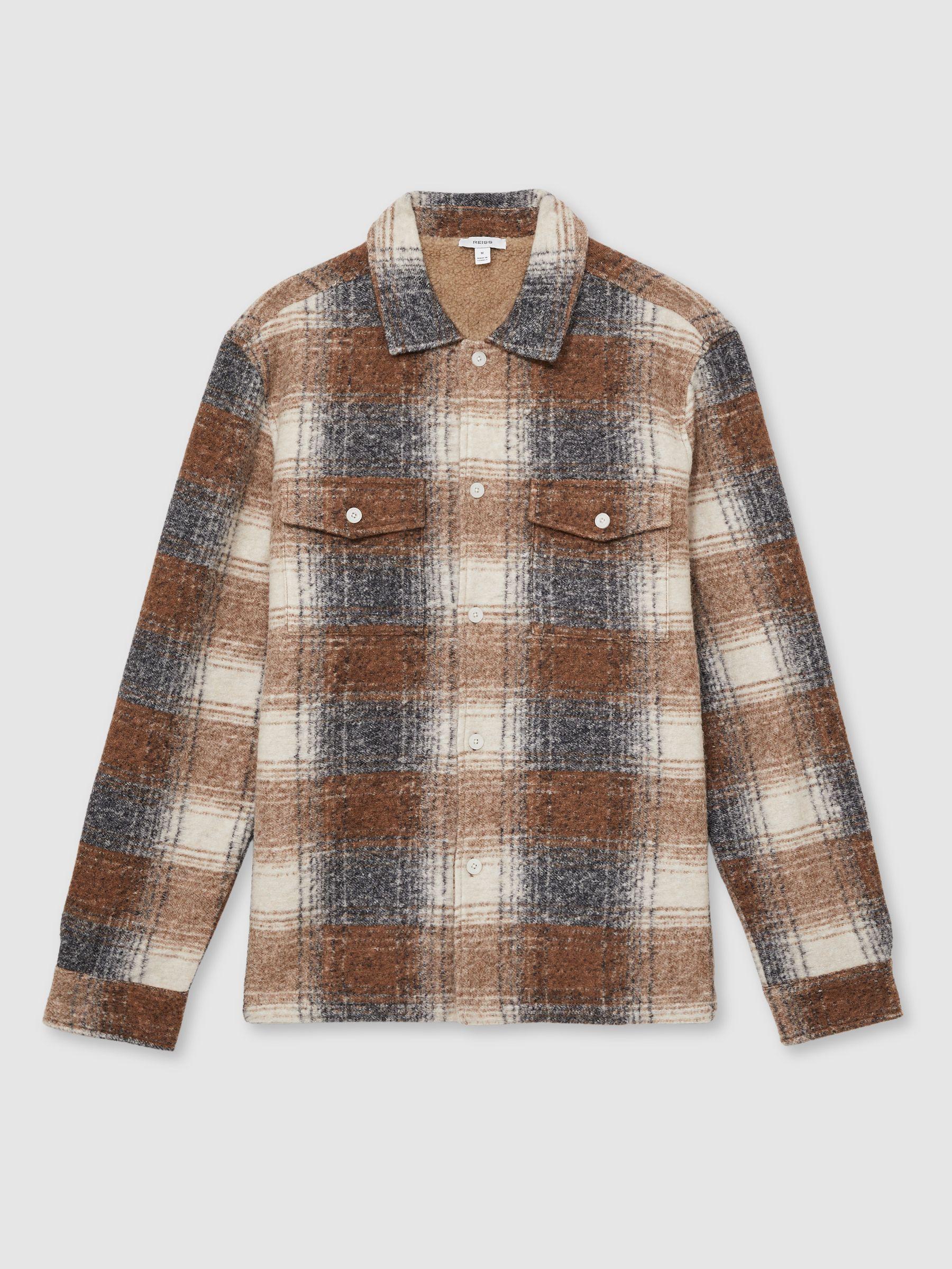 Brushed Check Fleece-Lined Overshirt in Brown Product Image
